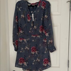White House Black Market Slate Blue Floral Long Sleeve V-Neck Dress